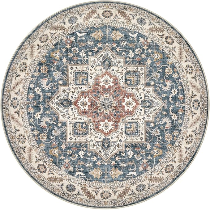 6ft Round Vintage Living Room Area Rug - 6x6 Large Soft Washable Oriental Traditional Distressed Farmhouse Rugs for Bedroom - Indoor Floor Accent Carpet for Home Office House Decor - Vintage Blue