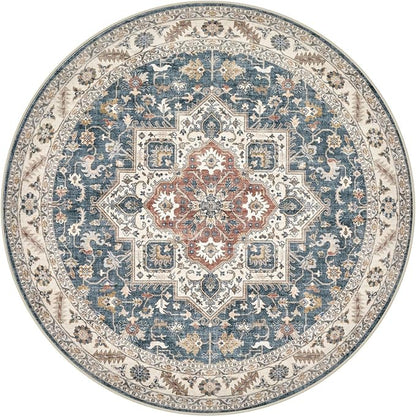 6ft Round Vintage Living Room Area Rug - 6x6 Large Soft Washable Oriental Traditional Distressed Farmhouse Rugs for Bedroom - Indoor Floor Accent Carpet for Home Office House Decor - Vintage Blue