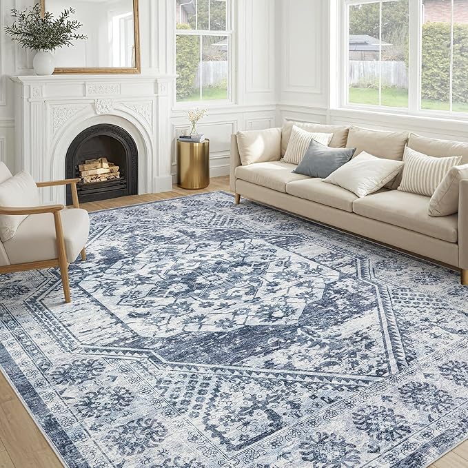 Vintage Living Room Area Rug 9x12 - Large Soft Washable Oriental Traditional Distressed Farmhouse Rugs for Bedroom - Indoor Floor Accent Carpet for Home Office House Decor - Distressed Blue