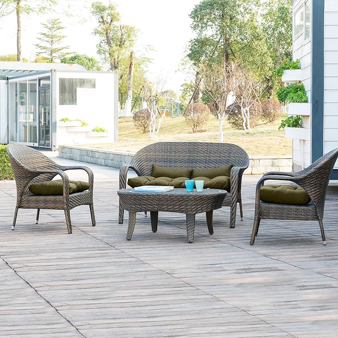 QILLOWAY Outdoor Patio Wicker Seat Cushions Group Loveseat/Two U-Shape/Two Lumbar Pillows for Patio Furniture,Wicker Loveseat,Bench,Porch,All Weather, Settee of 5 (SAGE/Army Green)