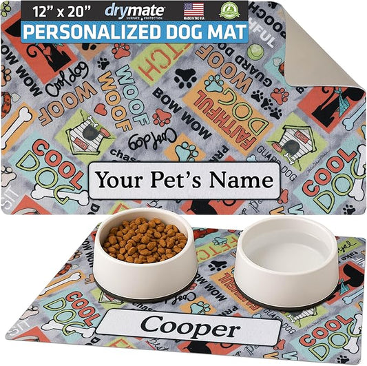 Drymate Personalized Pet Bowl Placemat, Custom Dog & Cat Food Feeding Mat - Absorbent Fabric, Waterproof Backing - Machine Washable/Durable (USA Made) (12" x 20") (Cool Dog - Grey)