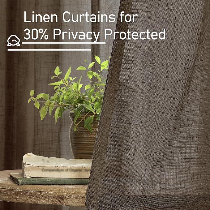 LAMIT Linen Curtains 48 Inch Length 2 Panels, Light Filtering Panels Back Tab and Rod Pocket Neutral Drapes for Kitchen/Window/Loft Room/Bedroom, 34 x 48 Inch, Dark Brown