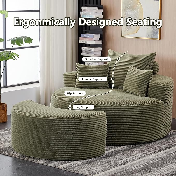 55.11" W Oversized Round Chaise Lounge Chair, Deep Seat Corduroy Cloud with Pillows, Moveable Ottoman and Blanket– Comfy Circle Loveseat Sofa Chair for Living Room or Bedroom (Green)