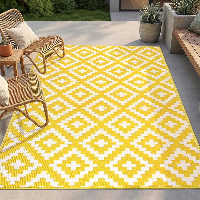 FH Home Outdoor Rug - Waterproof, Fade Resistant, Reversible - Premium Recycled Plastic - Geometric - Large Patio, Deck, Sunroom, Camping, RV - Aztec - Yellow & White Crease Free - 6 x 9 ft