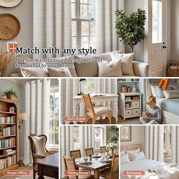 Linen Blackout Curtains for Living Room - Boho Plaid Pattern Thermal Insulated Grommet Cottage Core Window Treatments Rustic Drapes for Farmhouse, 52x84 Inch 2 Panels, Natural