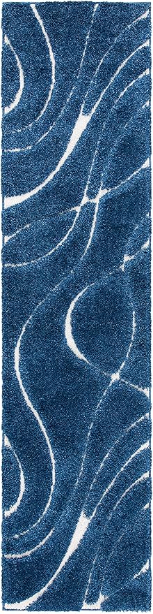 SAFAVIEH Florida Shag Collection Area Rug - 2'3" x 7' Runner, Navy & Ivory, Non-Shedding & Easy Cleaning, Plush Thick Pile, Ideal for Living Room, Hallway, Foyer, Entryway, Bedroom (SG471-6512)