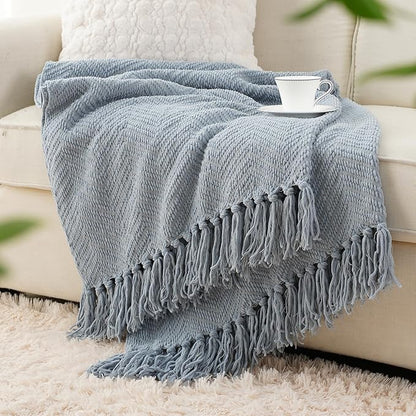 BATTILO HOME Bluish Grey Chenille Throw Blanket for Couch, Knit Throw Blanket,Super Soft Warm Home Decor Throw Blanket with Tassels for Bed,Sofa and Living Room,60" x 80"