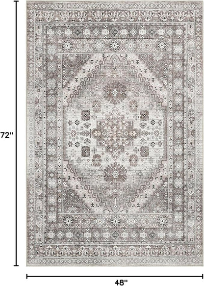 zesthome 4x6 Rug - Stain Resistant Washable Rug, Anti Slip Backing Rugs for Living Room, Foldable Vintage Small Area Rugs (Brown/Beige,4'x6')
