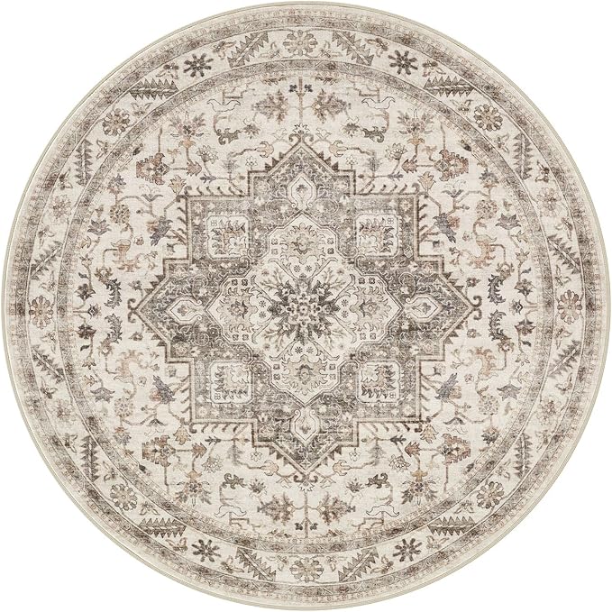 8ft Round Vintage Living Room Area Rug - 8x8 Large Soft Washable Oriental Traditional Distressed Farmhouse Rugs for Bedroom - Indoor Floor Accent Carpet for Home Office House Decor - Light Brown