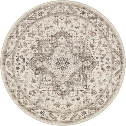 8ft Round Vintage Living Room Area Rug - 8x8 Large Soft Washable Oriental Traditional Distressed Farmhouse Rugs for Bedroom - Indoor Floor Accent Carpet for Home Office House Decor - Light Brown