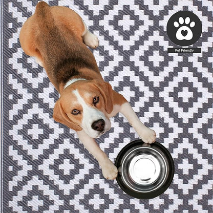FH Home Outdoor Rug - Waterproof, Fade Resistant, Reversible - Premium Recycled Plastic - Geometric - Large Patio, Deck, Sunroom, Camping, RV - Aztec - Gray & White Crease Free - 6 x 9 ft
