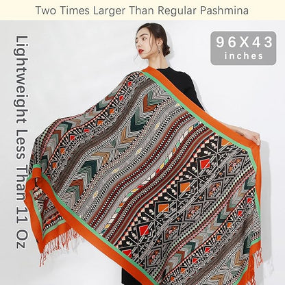 DANA XU 100% Merino Wool Pashmina Shawl for Women 96"x43", Oversized Cashmere Wrap with Tassels, Floral Travel Blanket Cape