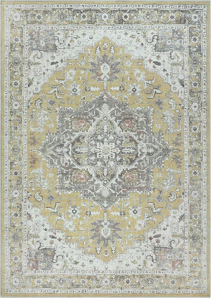 Bloom Rugs Washable Non-Slip 9' x 12' Rug - Yellow Traditional Medallion Area Rug for Living Room, Bedroom, Dining Room, and Kitchen - Exact Size: 9' x 12'