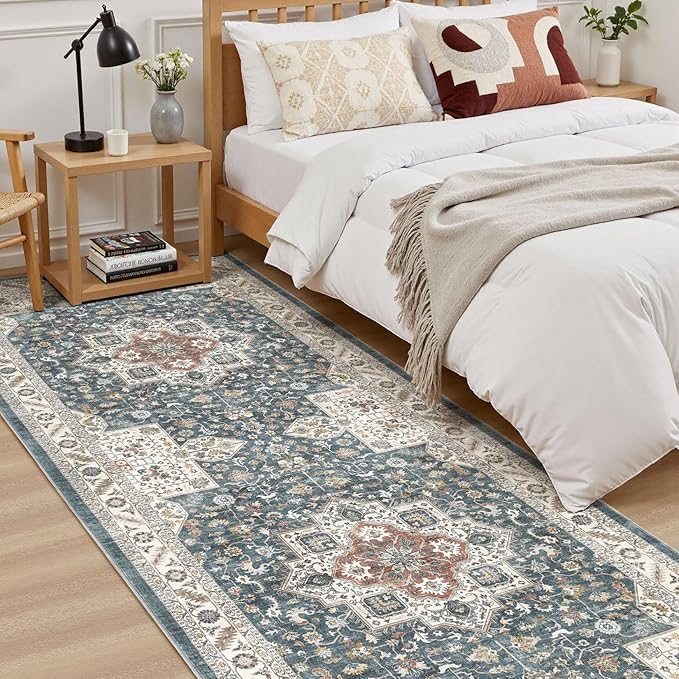 Vintage Hallway Runner Rug 3x14: Large Soft Washable Entryway for Kitchen Laundry Room Non-Slip Backing Runner for Entrance Living Room Bedroom Bathroom - Vintage Blue