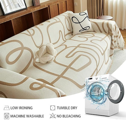 MEETSKY Washable Sofa Cover Boho Geometric Line Chenille Couch Cover for 2 Cushion L Shape Sofa Recliner Sofa Slipcovers with Tassel Thick Couch Protector for Home Decor, 71" x 118", Khaki