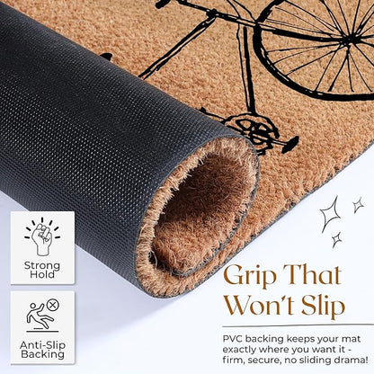 Coir Door Mats 17" X 30", Non-Slip Sturdy, PVC Backed Heavy Duty, Easy to Clean, Ideal for Door Entrance, Patio, Porch, Backyard, Garages, Enjoy The Ride Vintage Bicycle