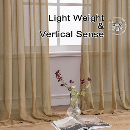 MAIHER 102 Inch Length Pinch Pleated Sheer Curtains 2 Panels Set for Dining Room Soft Touch Lightweight Light Filtering Pleated Drapes with Hooks for Patio Door, Khaki, 42" W x 102" L, 2 Panels