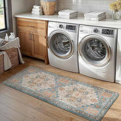 GENIMO Kitchen Mats for Floor 2PCs, Washable Anti Fatigue Mat for Cushioned, 17.3"x47"+17.3"x30", Waterproof Kitchen Rugs, Non Slip Comfort Standing Mat Rug for Home, Sink, Laundry, Blue&Salmon