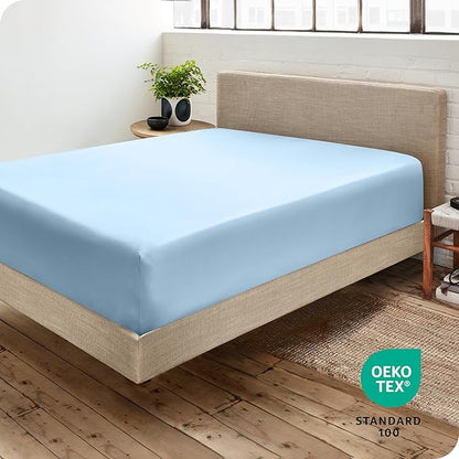 Bare Home Fitted Bottom Sheet Queen Size - Premium 1800 Microfiber - Ultra-Soft Hotel Luxury - Deep Pocket - Durable and Long Lasting - Fitted Sheet (Queen, Light Blue)