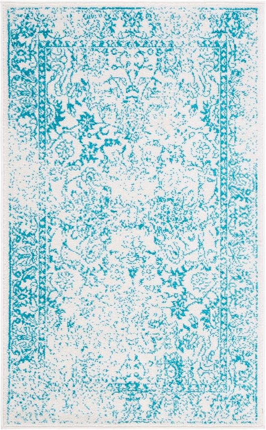 SAFAVIEH Area Rug 3x5 - Adirondack Collection - Ivory & Teal, Distressed Vintage Floral Design, Non-Shedding & Easy to Clean, Ideal for Living Room, Bedroom, Dining Space (ADR109D)