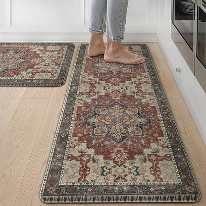 GENIMO Kitchen Mats for Floor 2PCs, Washable Anti Fatigue Mat for Cushioned, 17.3"x47"+17.3"x30", Waterproof Kitchen Rugs, Non Slip Comfort Standing Mat Rug for Home, Sink, Laundry, Bordeaux