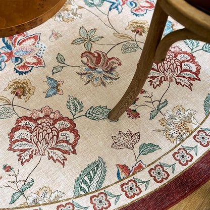 jinchan Elora 5ft Floral Round Rug for Entryway Washable Rug Vintage Romance Christmas Design Non Slip Indoor Doormat Lightweight Low-Profile Throw Carpet for Living Room Dining Room, Red/Beige