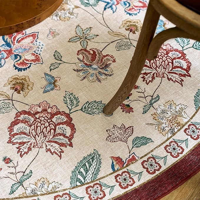 jinchan Elora Floral Corner Rug for Living Room Washable Rug Vintage Romance Christmas Design Non Slip Quarter Circle Lightweight Low-Pile Throw Carpet for Reading Playroom, 8ft Radius, Red/Beige