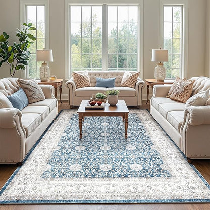 jinchan Floral 8x10 Area Rug for Living Room Machine Washable Vintage Distressed Boho Design Throw Rug Stain Resistant Carpet Low-Pile Thin Non-Slip for Bedroom Dining Room Nursery (8‘x10', Dark Blue)