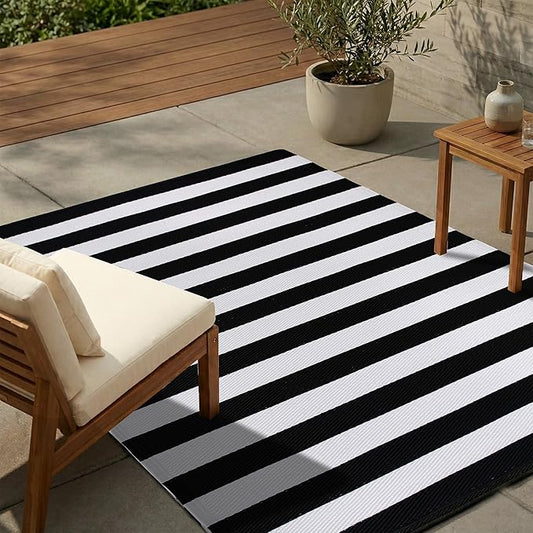 FH Home Outdoor Rug - Waterproof, Fade Resistant, Reversible - Premium Recycled Plastic - Striped - Large Patio, Deck, Sunroom, Camping, RV - Brittany Stripe - Black & White Crease Free - 5 x 8 ft