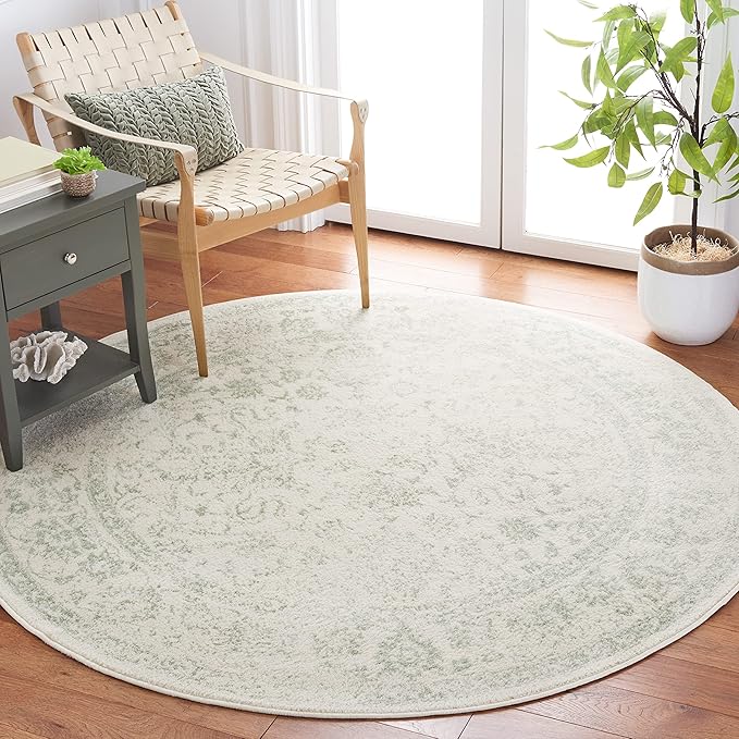 SAFAVIEH Adirondack Collection Area Rug - 8' Round, Ivory & Sage, Distressed Vintage Floral Design, Non-Shedding & Easy to Clean, Ideal for Living Room, Bedroom, Dining Space (ADR109V)