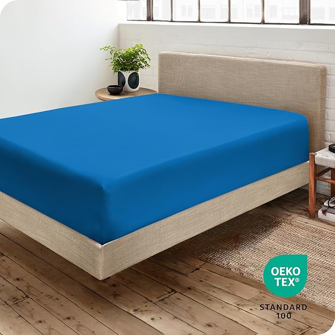 Bare Home Fitted Bottom Sheet Queen - Premium 1800 Microfiber - Ultra-Soft Wrinkle Free - Deep Pocket - Fitted Sheet (Queen, Medium Blue)
