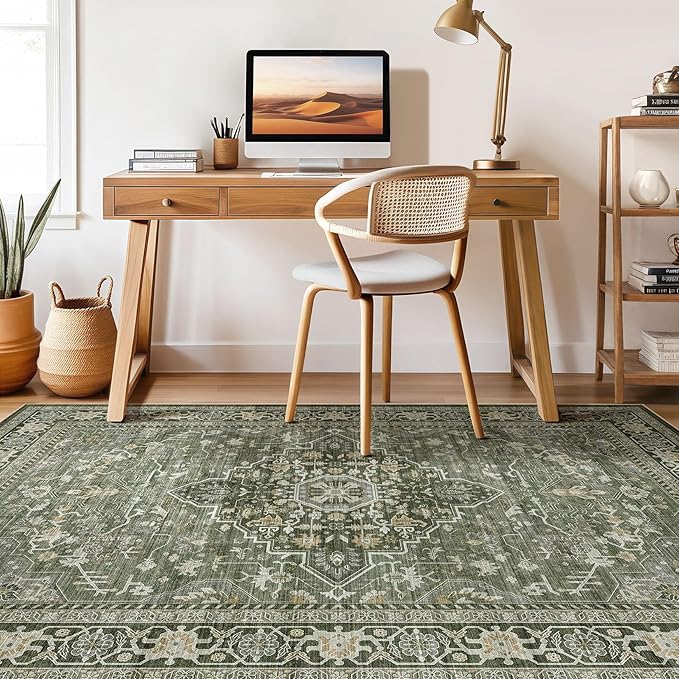 10x14 Area Rugs Living Room: Washable Boho Large Neutral Vintage Soft Rug Stain Resistant Farmhouse Non Slip Indoor Floor Carpet for Bedroom Nursery Kids Playroom Office Dining Room- Dark Green