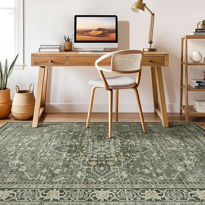 10x14 Area Rugs Living Room: Washable Boho Large Neutral Vintage Soft Rug Stain Resistant Farmhouse Non Slip Indoor Floor Carpet for Bedroom Nursery Kids Playroom Office Dining Room- Dark Green