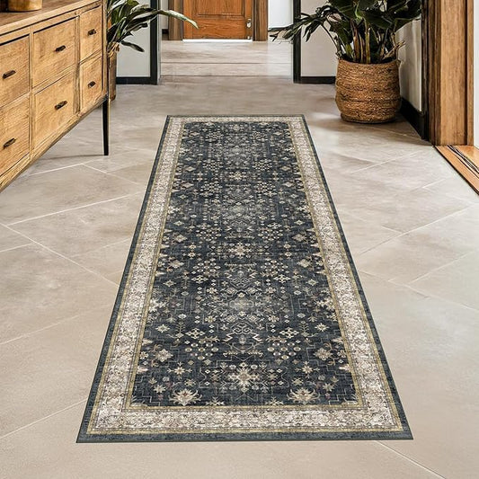 Black Boho Washable 2x6 Runner Rugs for Hallway Kitchen Bedroom Beside Laundry Room Bathroom Rug, Pet & Kids Friendly, Non Slip Low Pile Stain Resistant Soft Foldable Long 24 x 72 Floor Carpet