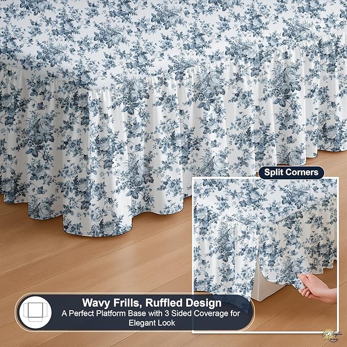 Cottington Lane Ruffled Bed Skirt Queen Size with Split Corner, Brushed Microfiber Hotel Quality Dust Ruffle, 12 Inch Drop Gathered Bedskirt, Soft, Stylish, Shrink & Fade Resistant, Blue Floral Bliss