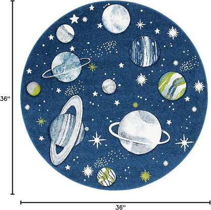 SAFAVIEH Carousel Kids Collection 3' Round Navy/Ivory CRK103N Outer Space Non-Shedding Playroom Nursery Bedroom Area Rug