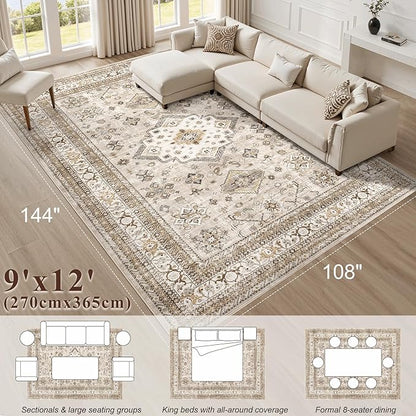 Vintage Living Room Area Rug 9x12 - Large Soft Washable Oriental Traditional Distressed Farmhouse Rugs for Bedroom - Indoor Floor Accent Carpet for Home Office House Decor - Beige