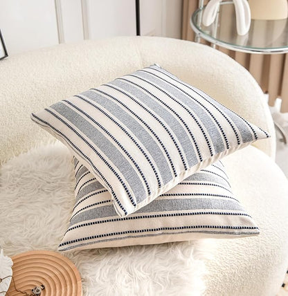 Decorative Boho Throw Pillow Covers, Farmhouse Textured Pillow Case, 20 x 20 Inch Set of 2, Chair Sofa Bedroom Living Room Decor Couch Cushion Case, Navy Blue and Beige Striped
