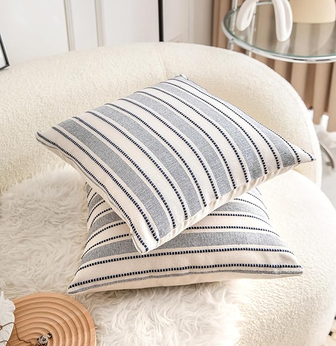 Decorative Boho Throw Pillow Covers, Farmhouse Textured Pillow Case, 22 x 22 Inch Set of 2, Chair Sofa Bedroom Living Room Decor Couch Cushion Case, Navy Blue and Beige Striped