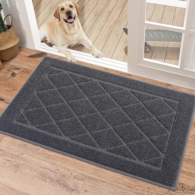 BEQHAUSE Dirt Trapper Door Mat 20" x 32", Doormat Non-Slip Entryway Rugs Washable, Dog Door Mat Stain Resistant and Absorbent Welcome Floor Mat for Front Back Door, Muddy Wet Shoes & Paws, Dark Grey
