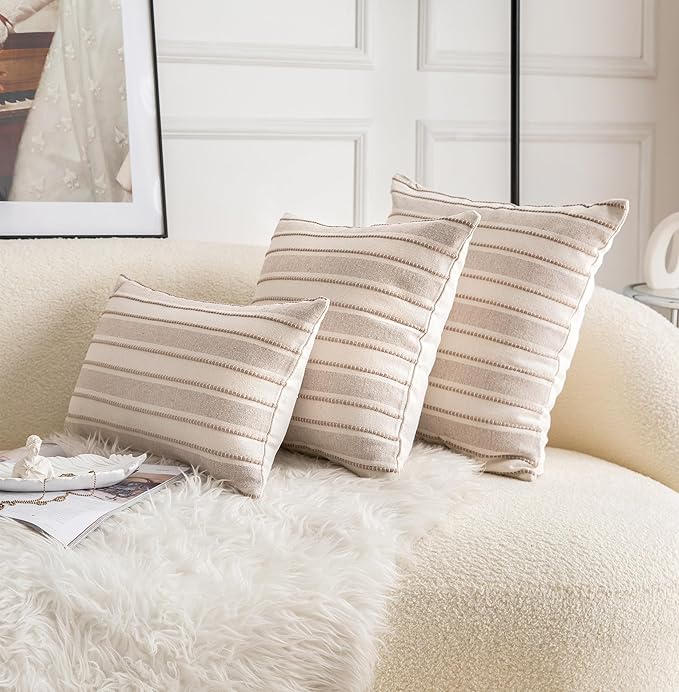 Decorative Boho Throw Pillow Covers, Farmhouse Textured Pillow Case, 20 x 20 Inch Set of 2, Chair Sofa Bedroom Living Room Home Decor Couch Cushion Case, Taupe and Beige Striped