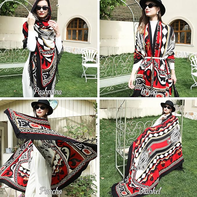DANA XU 100% Merino Wool Extra Large Pashmina Blanket Travel Scarf Cashmere Wrap for Women Fall Winter Oversize Shawl Floral