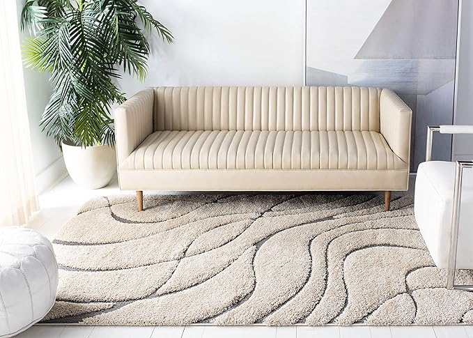 SAFAVIEH Florida Shag Collection X-Large Area Rug - 11' x 15', Cream & Grey, Non-Shedding & Easy Care, 1.2-inch Thick Ideal for High Traffic Areas in Living Room, Bedroom (SG471-1180)
