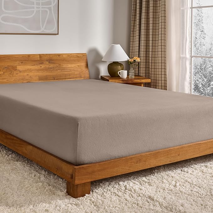 Bare Home Flannel Fitted Bottom Sheet 100% Cotton, Velvety Soft Heavyweight - Double Brushed Flannel - Deep Pocket (Full, Taupe)