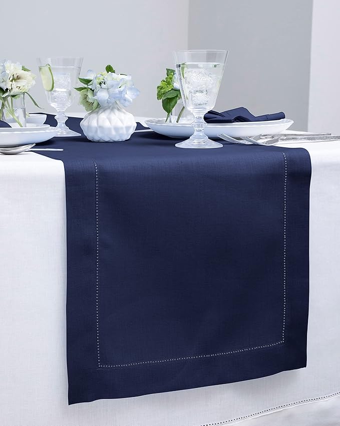 Solino Home Linen Navy Blue Table Runner 60 Inches - Classic Hemstitch, 100% Pure Linen Coffee Table Runner 14 x 60 Inch Ideal for Dresser Tables - Christmas, New Year