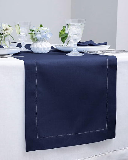 Solino Home Linen Navy Blue Table Runner 48 Inches - Classic Hemstitch, 100% Pure Linen Coffee Table Runner 14 x 48 Inch Ideal for Dresser Tables - Christmas, Holiday, New Year