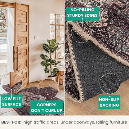 Bloom Rugs Washable Non-Slip 7 ft Runner - Red/Green/Cream Traditional Medallion Runner for Entryway, Hallway, Bathroom, and Kitchen - Exact Size: 2.5' x 7'