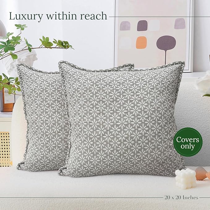 SanVia Tranquil Premium Cotton Throw Pillow Covers, 20 x 20 Inches, Luxurious Handwoven Reversible Couch Pillow Covers with Hidden Zipper, Elegant Home Décor, Insert Not Included