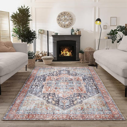 Bloom Rugs Washable Non-Slip 4' x 6' Rug - Terracotta/Blue Traditional Medallion Area Rug for Living Room, Bedroom, Dining Room, and Kitchen - Exact Size: 4' x 6'