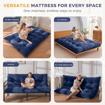 MAXYOYO Japanese Floor Mattress Queen Size, 6" Foldable Futon Mattress Tufted Roll Up Floor Bed, Thick Chenille Tatami Mat Sleeping Pad for Camping Guest Room Dormitory Bedroom RV, Navy